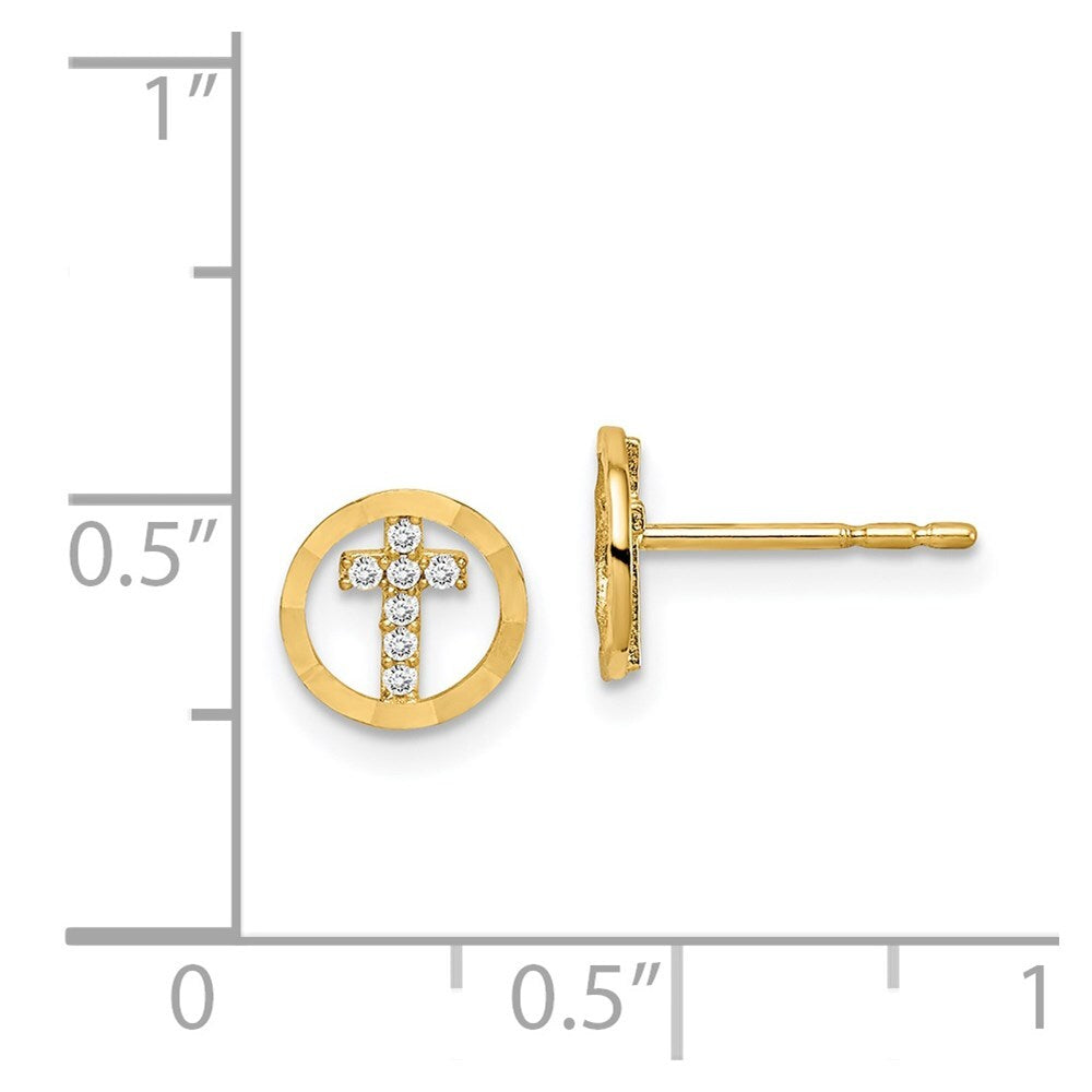 14k Yellow Gold Cubic Zirconia Diamond-Cut Circle Cross Stud Earrings