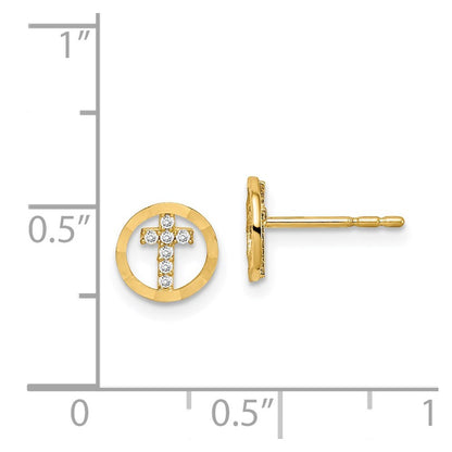 14k Yellow Gold Cubic Zirconia Diamond-Cut Circle Cross Stud Earrings