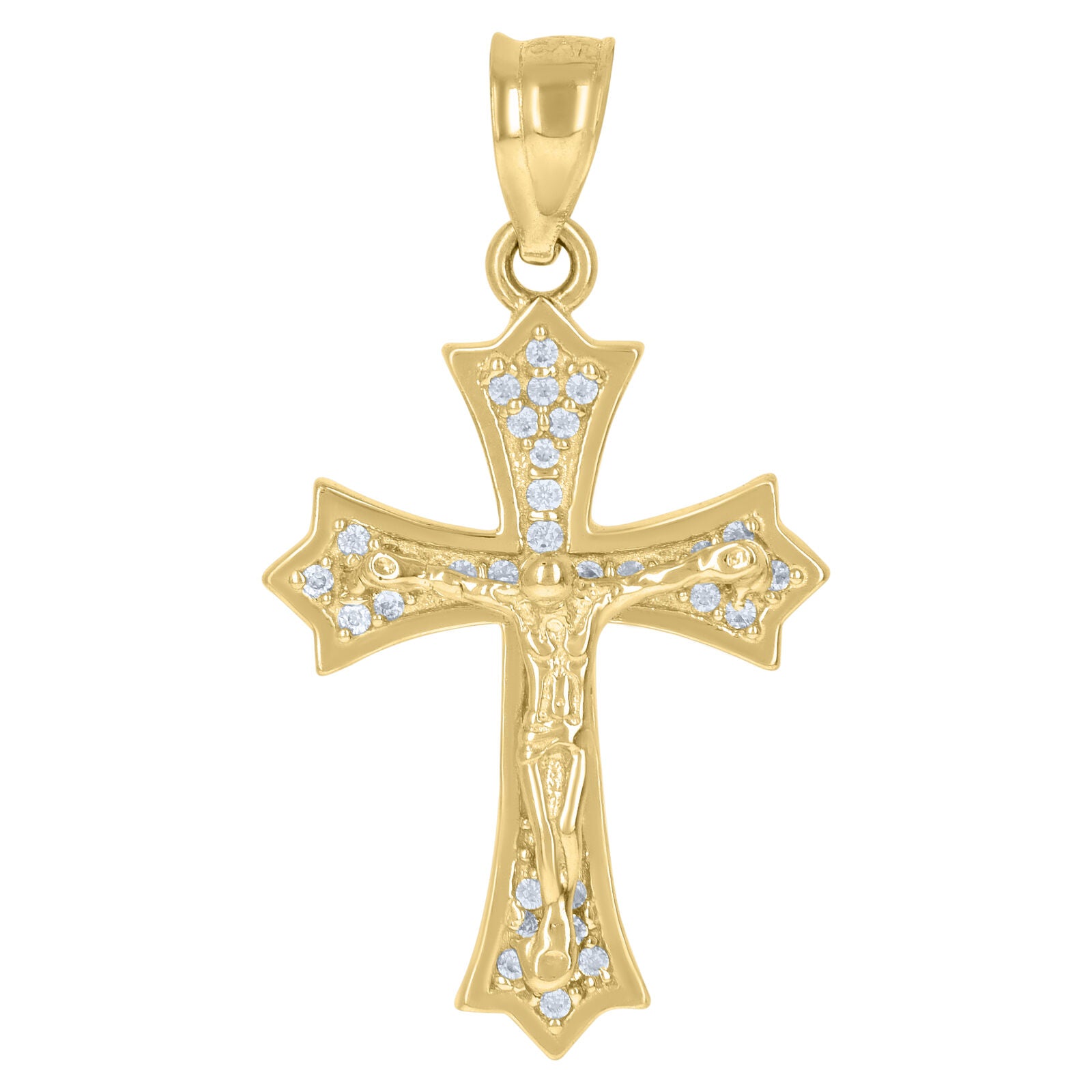 10k Yellow Gold Cubic-Zirconia Religious Fleur De Lis Crucifix Cross Pendant