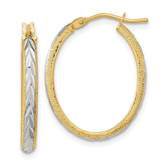 14k Yellow Gold White Rhodium Diamond-cut Textured Hoop Earrings