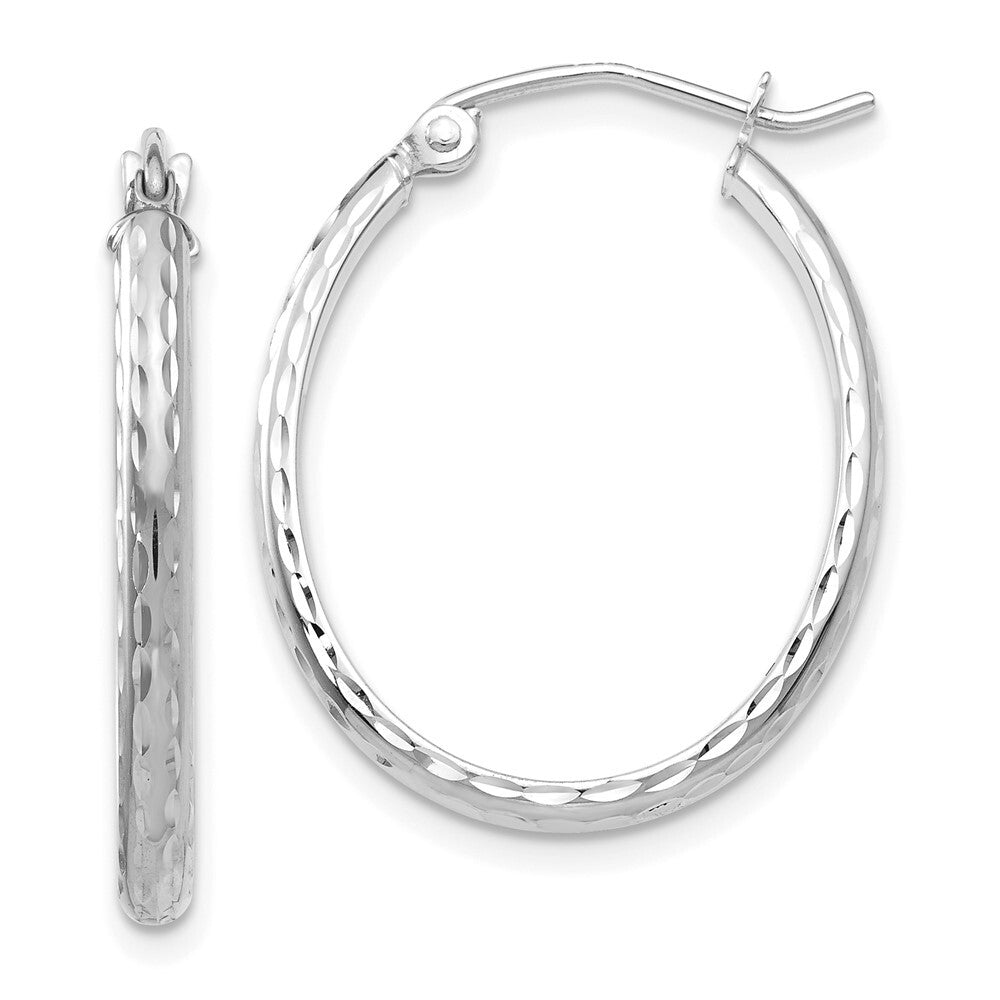 14k White Gold Lightweight Diamond-cut Oval Hoop Earrings Gift for Women