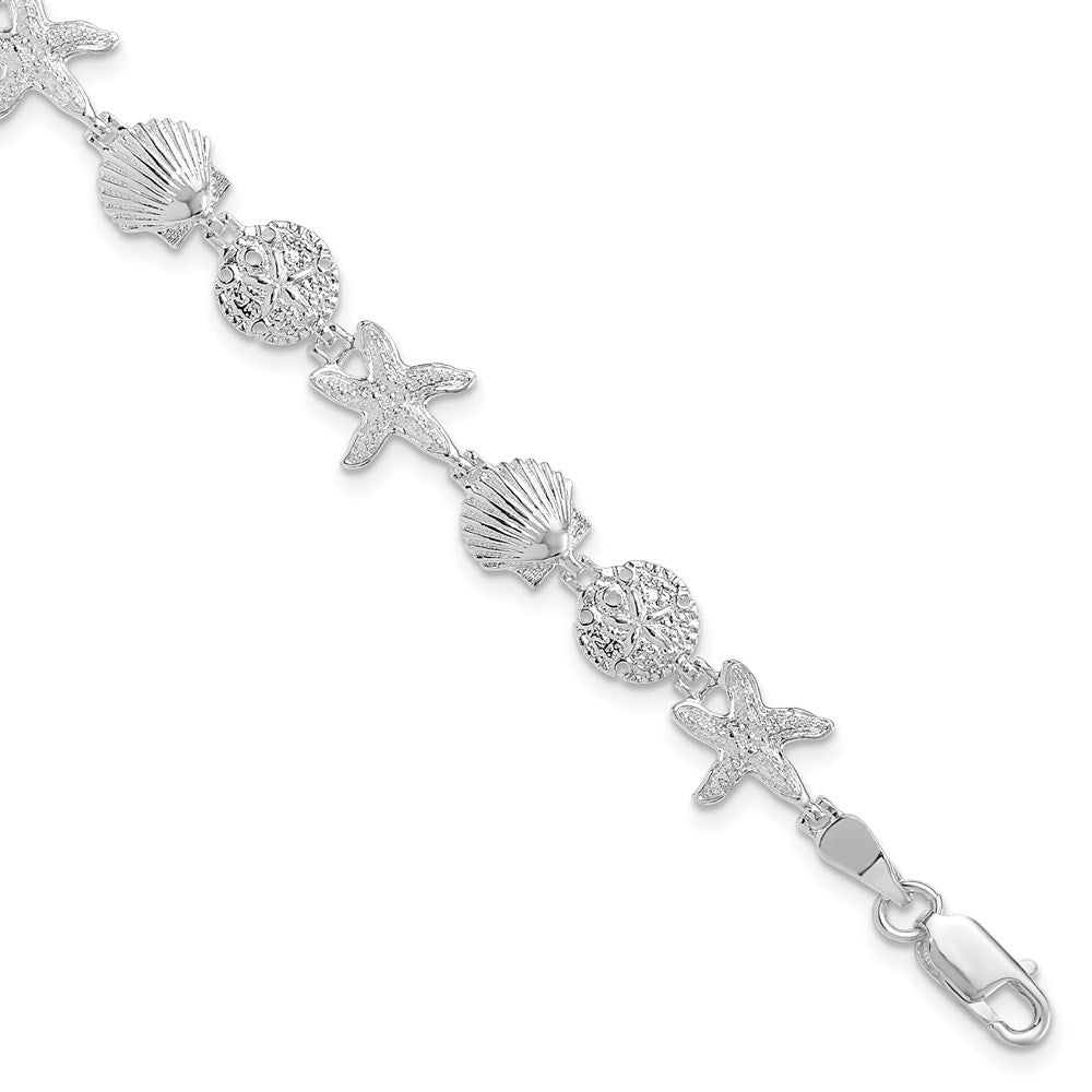 Sterling Silver Rhodium-Plated Polished Sand Dollar / Shell / Starfish Bracelet