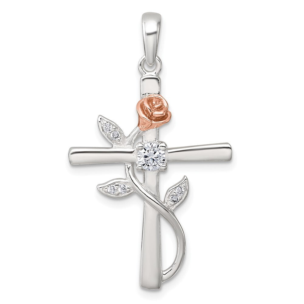 Sterling Silver Rose-tone Cubic Zirconia Cross with Rose Pendant