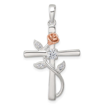 Sterling Silver Rose-tone Cubic Zirconia Cross with Rose Pendant