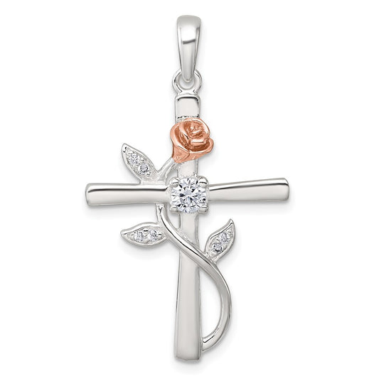 Sterling Silver Rose-tone Cubic Zirconia Cross with Rose Pendant
