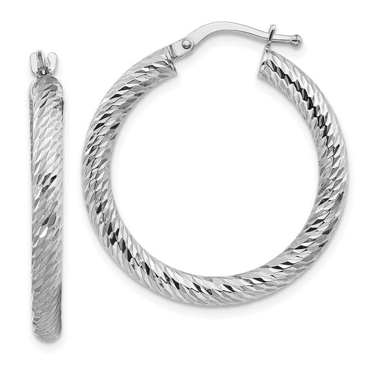 14k White Gold 3x20mm Diamond-cut Round Hoop Earrings