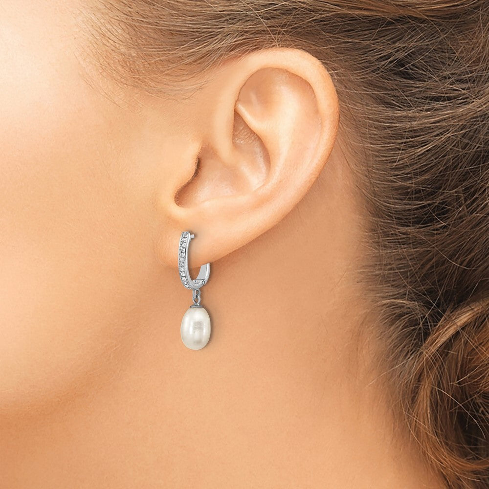 Sterling SilverWhite Rice Cultured Pearl & Cubic Zirconia Hoop Dangle Earring