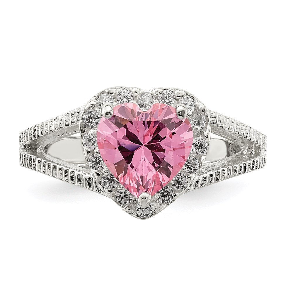 Sterling Silver Pink Cubic Zirconia Heart Ring Size 6