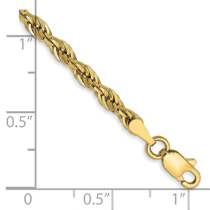 14k Yellow Gold 7 inch 3mm Semi Solid Rope Chain Bracelet