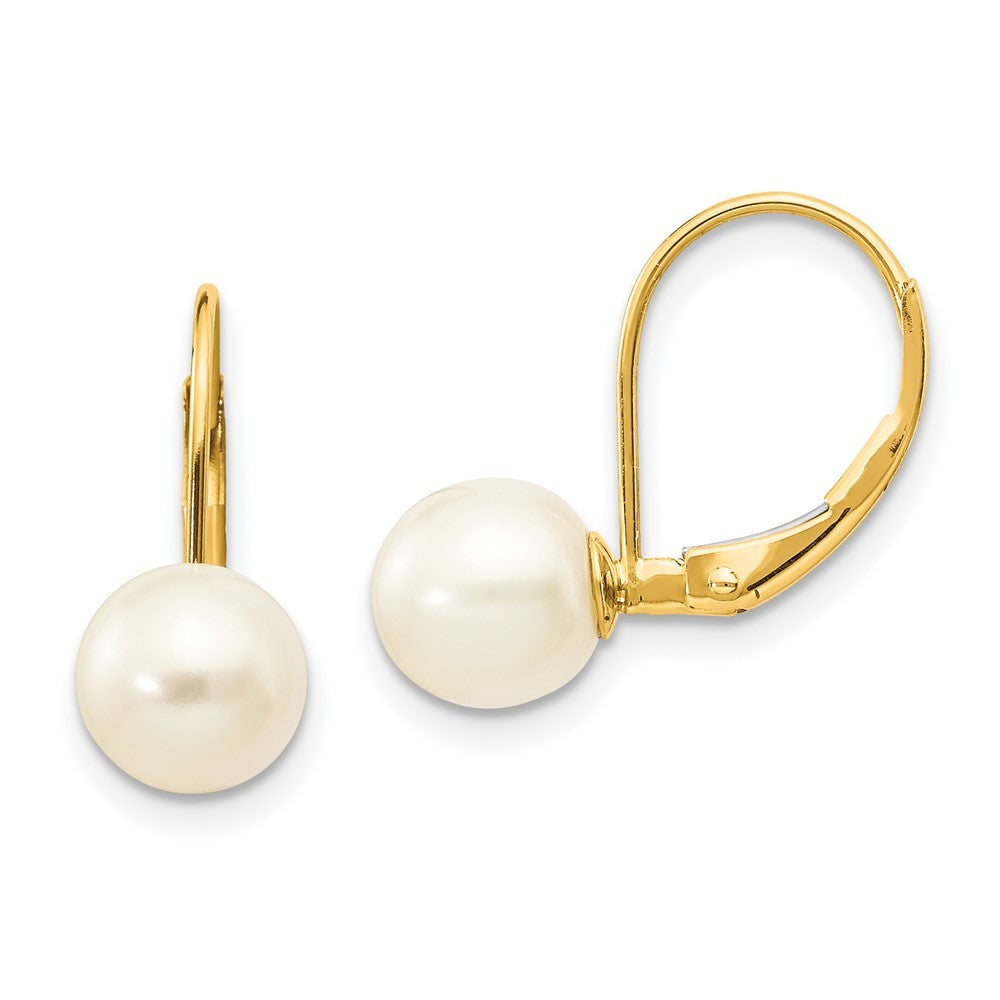 14k Yellow Gold 7-8mm White Round Freshwater Cultured Pearl Leverback Earrings