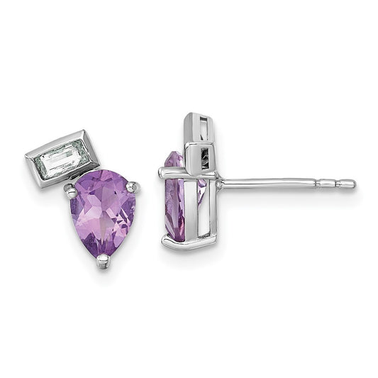 Sterling Silver Polished Pear Amethyst and Emerald-cut Topaz Earrings
