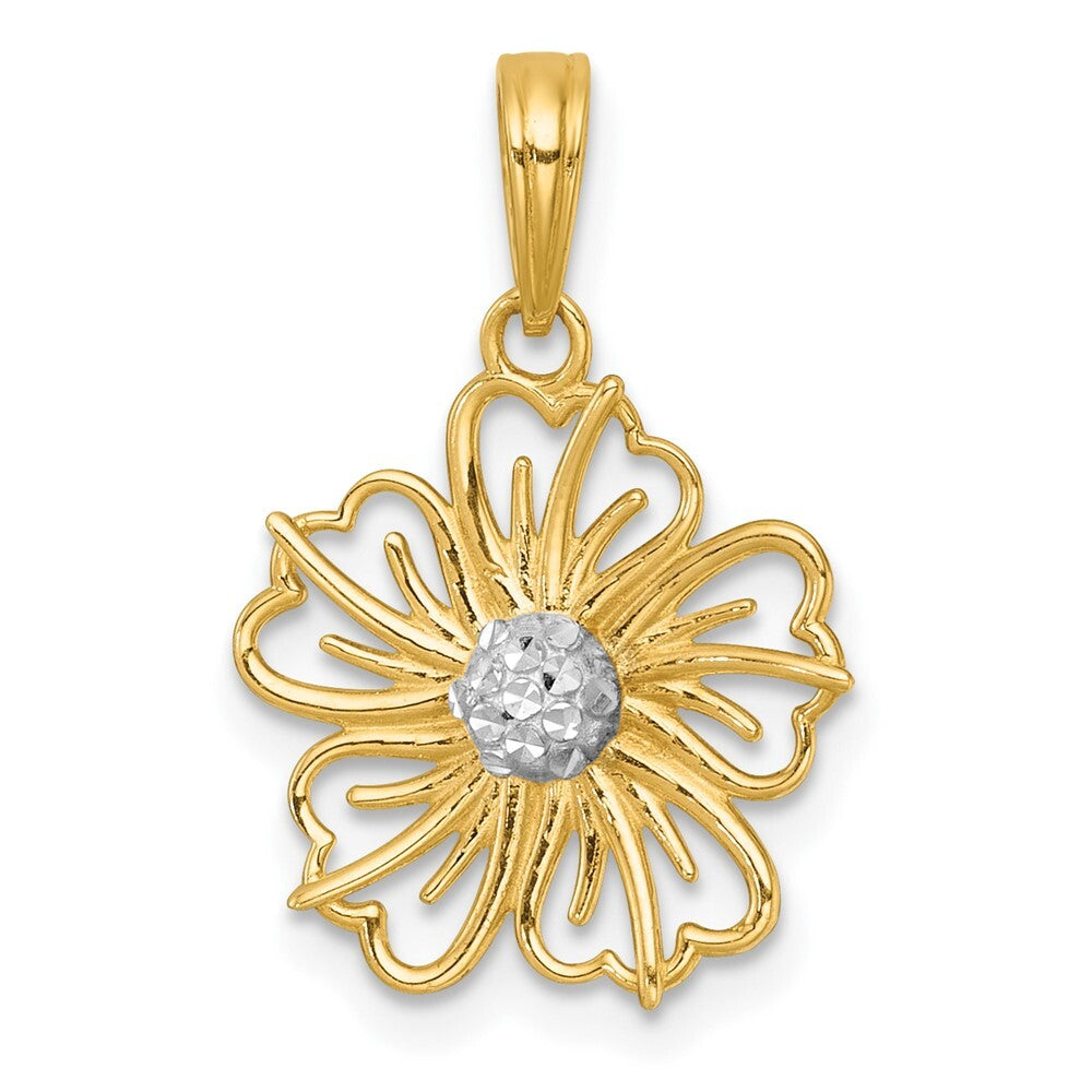14k Yellow Gold with White Rhodium Polished Fancy Flower Charm Pendant for Women