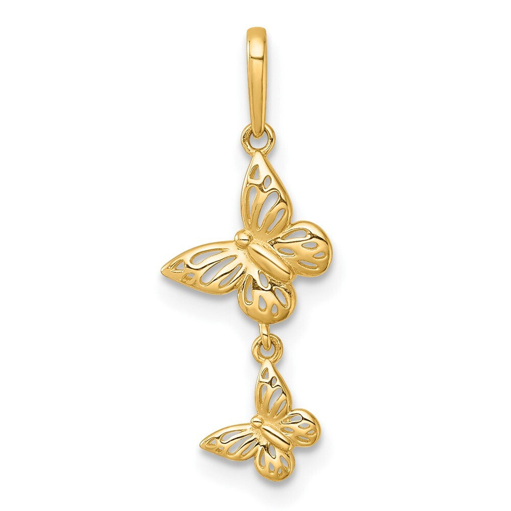 14k Yellow Gold Polished Double Butterfly Moveable Dangle Pendant for Women