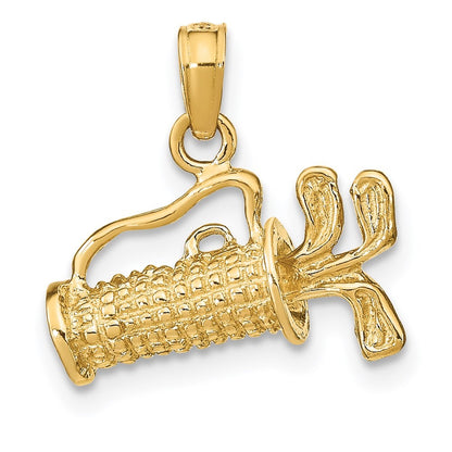 14k Yellow Gold Solid Polished 3-D Golf Bag With Clubs Charm Pendant