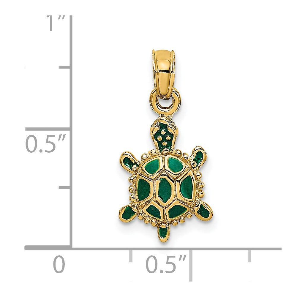 14k Yellow Gold Green Enamel 3-D Land Turtle Charm Pendant for Women