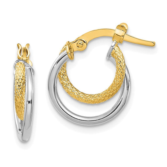 14K Two-tone Gold Polished Diamond-cut Hinged Hoop Earrings