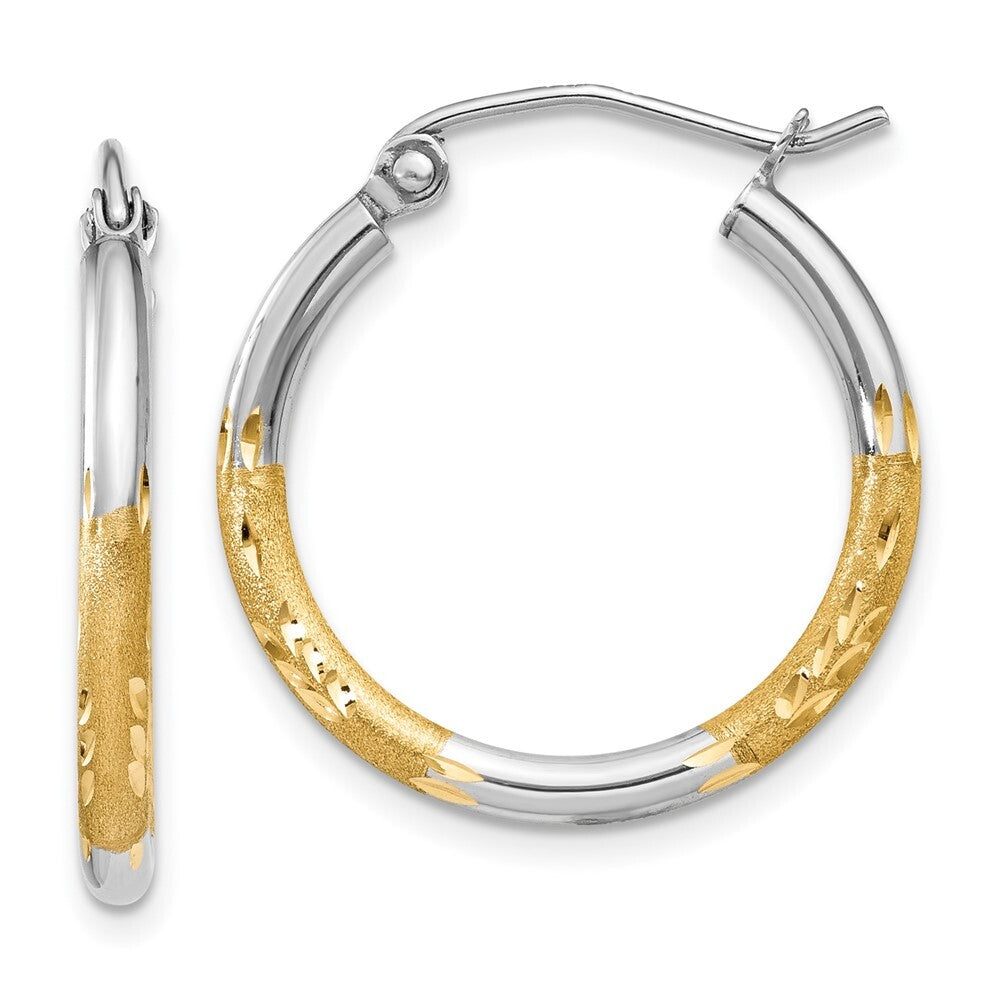 14k Yellow Gold White Rhodium 2mm Satin and Polished Diamond-cut Hoop Earrings
