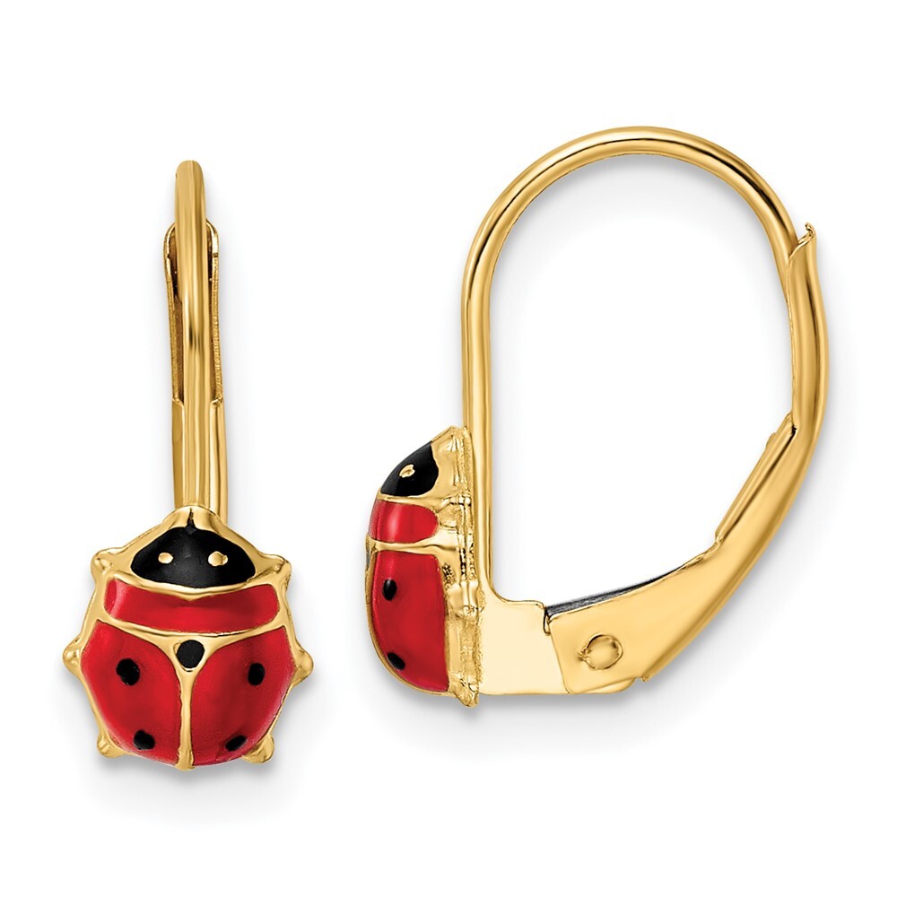 14k Yellow Gold Polished Enameled Ladybug Dangle Earrings Leverback