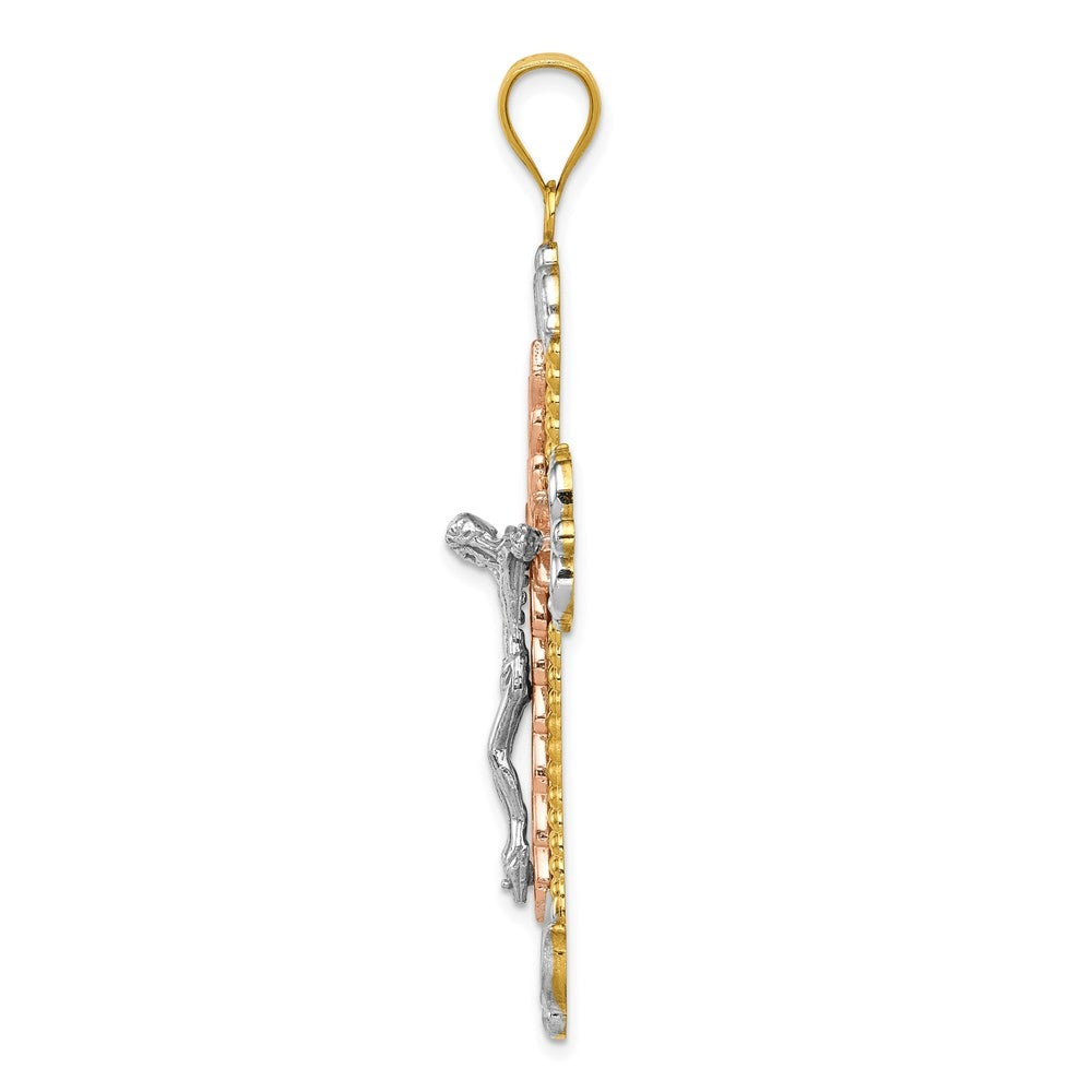 14K Tri-Color Gold W White Rhodium Crucifix Cross Pendant