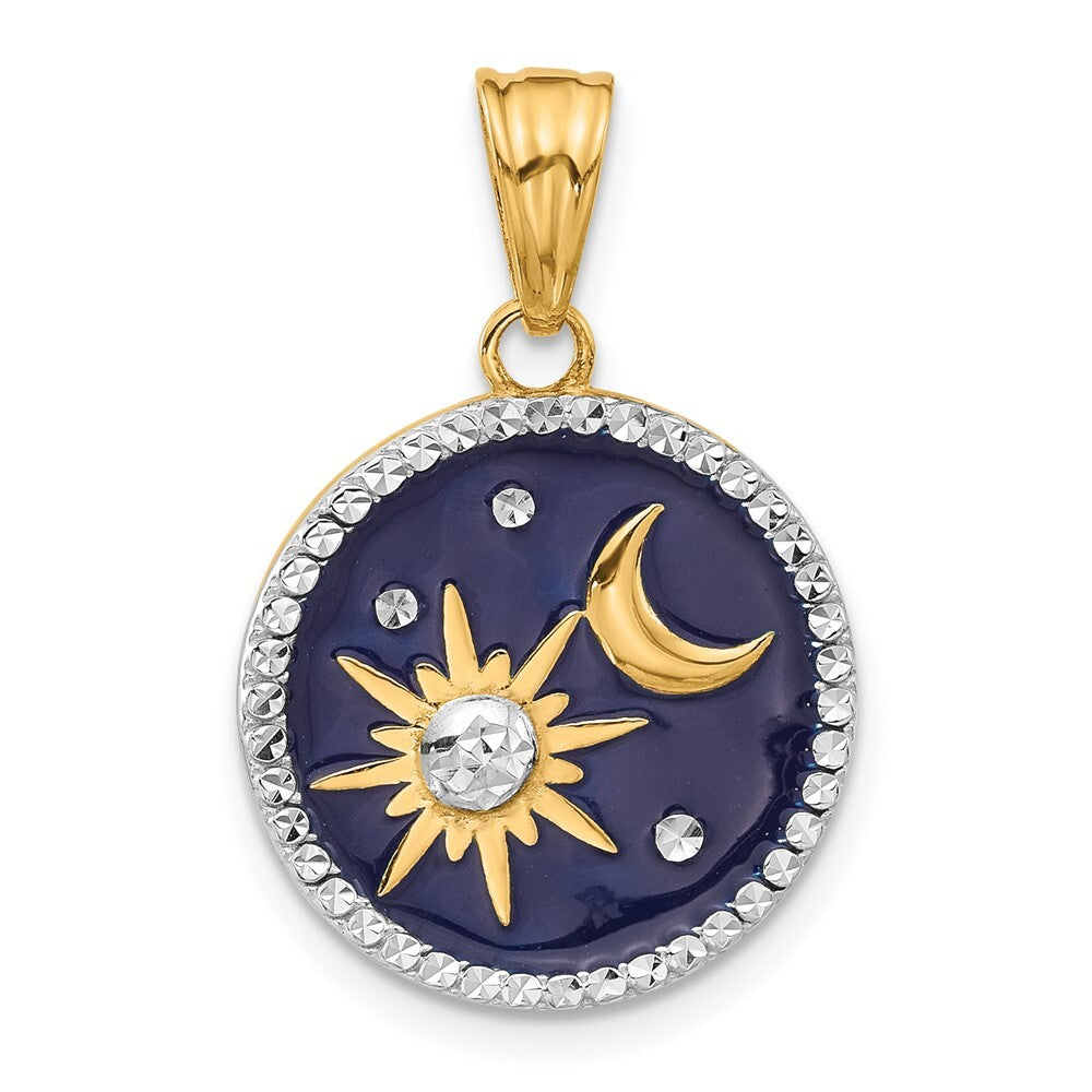 14k Yellow Gold and White Rhodium Diamond-cut Enameled Sun and Moon Pendant