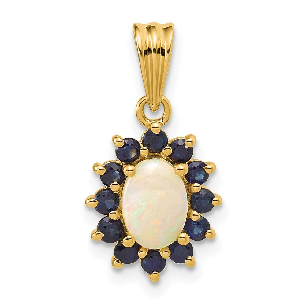 14k Yellow Gold Genuine Opal and Sapphire Halo Pendant