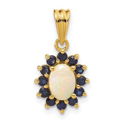 14k Yellow Gold Genuine Opal and Sapphire Halo Pendant