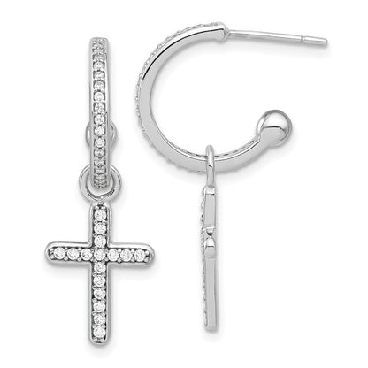 Sterling Silver Polished Cubic Zirconia Dangle Cross Post C-Hoop Earrings