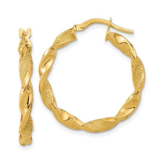 14k Yellow Gold Polished and Textured Twisted Hoop Earrings