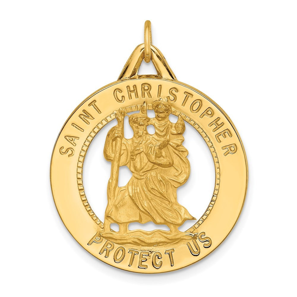 14k Yellow Gold Solid Polished Satin Round Cut-out St. Christopher Medal