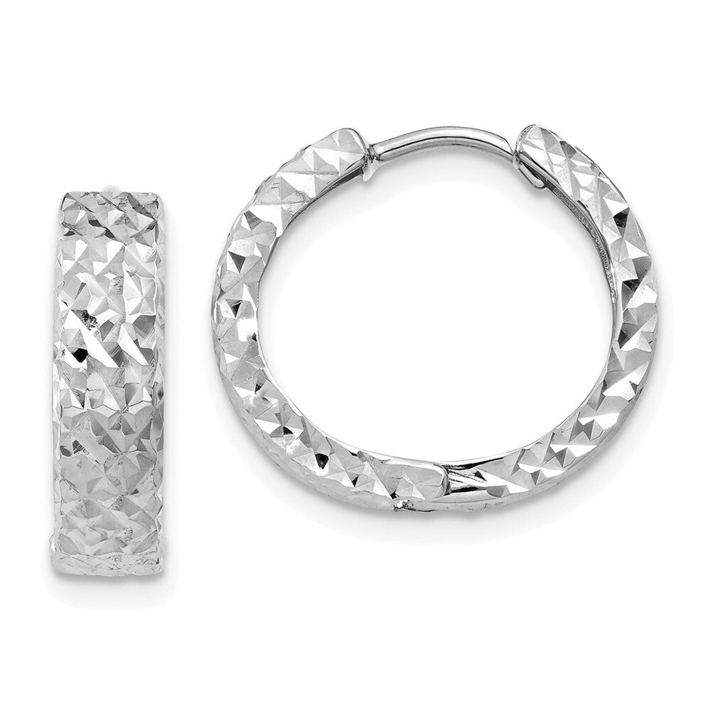 14k White Gold Diamond-cut Hinged Hoop Earrings Gift for Women