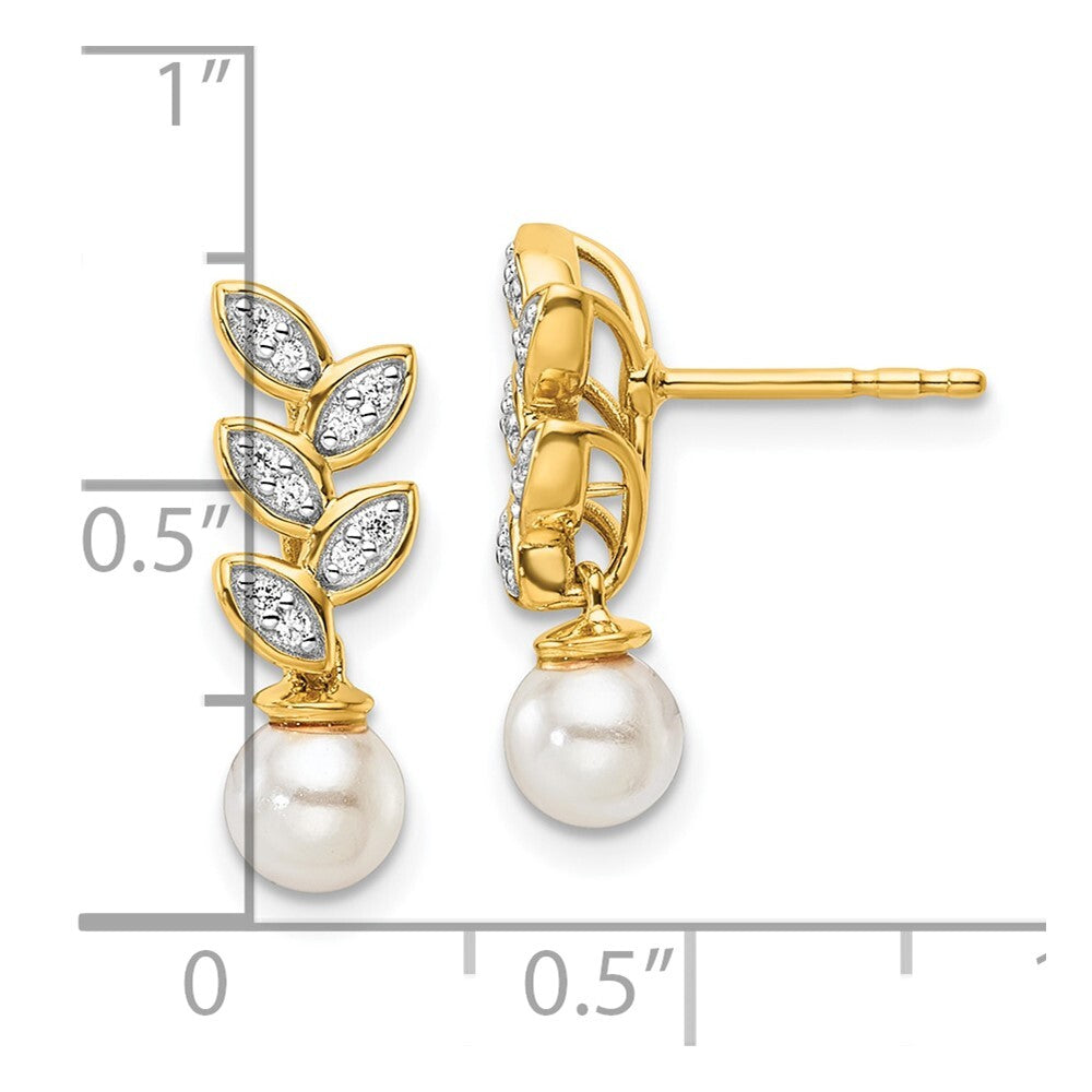 14k Yellow Gold Polished Diamond and Pearl Leaf Dangle Earrings