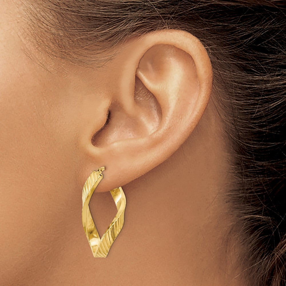 14k Yellow Gold Twisted Textured Oval Hoop Earrings