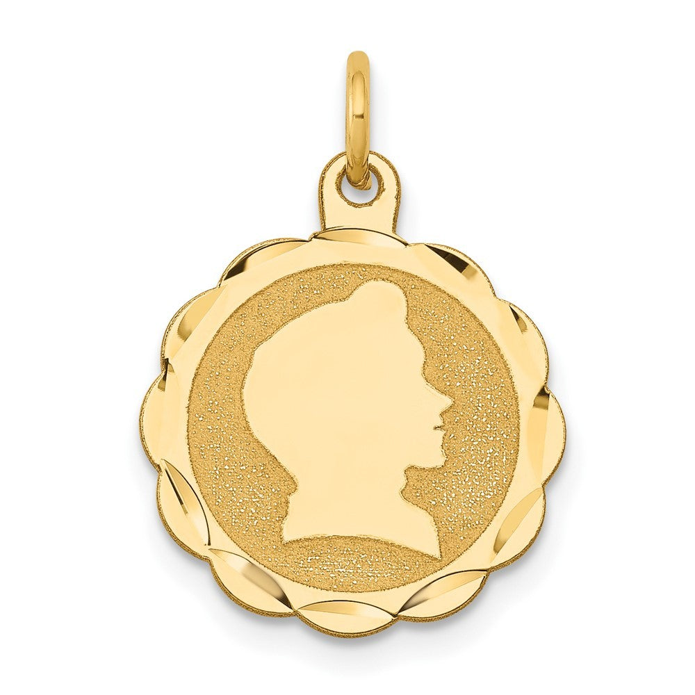 14k Yellow Gold Boy Head on .018 Gauge Engravable Scalloped Disc Charm Pendant