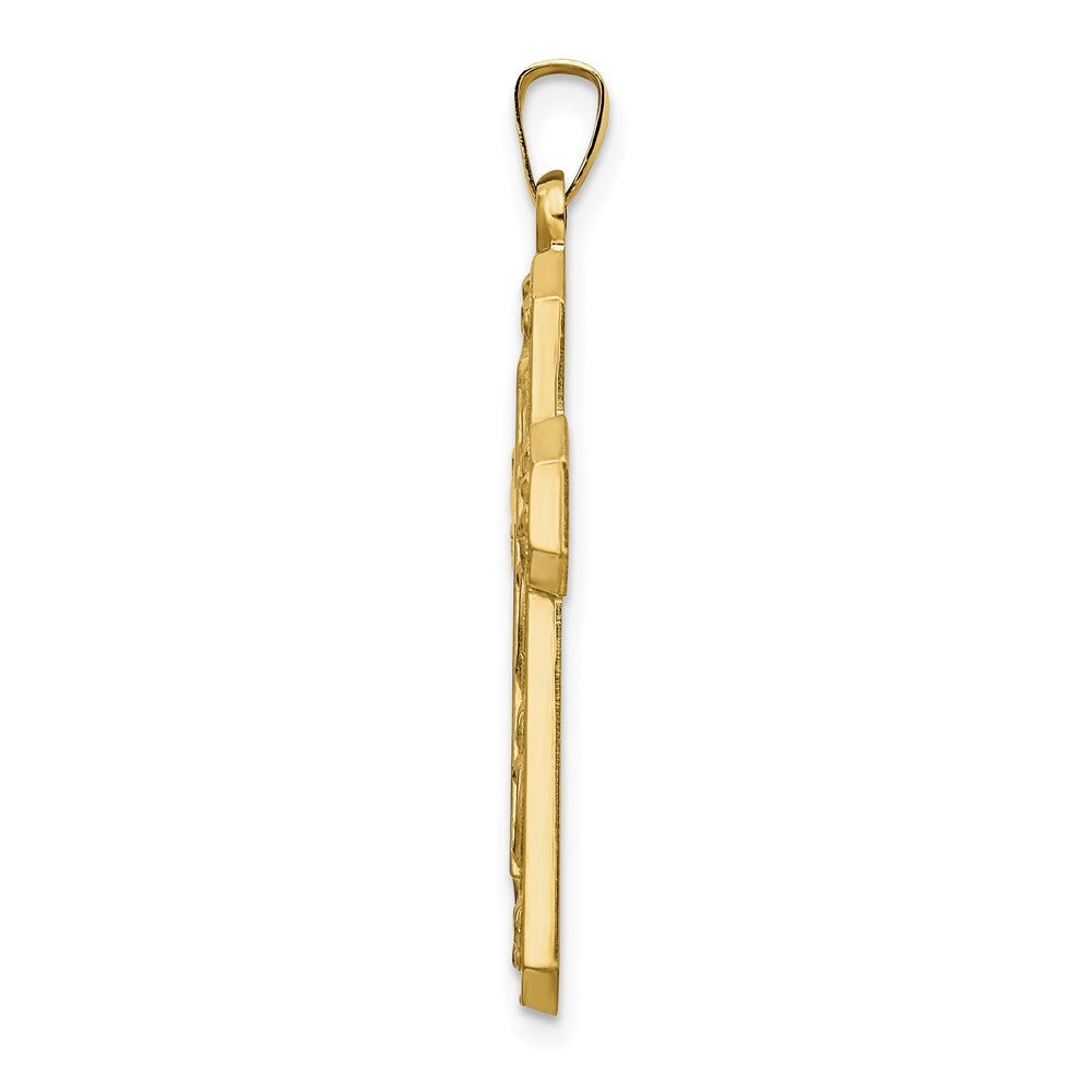14k Yellow Gold Polished and Textured Hollow Scroll Design Double Cross Pendant