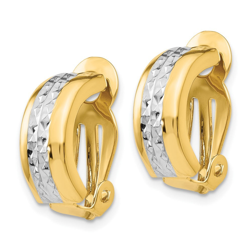 14k Yellow Gold w/ White Rhodium Polished & Diamond-Cut Non-pierced Earrings