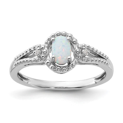 Sterling Silver Rhodium-plated Created Opal & Diamond Ring