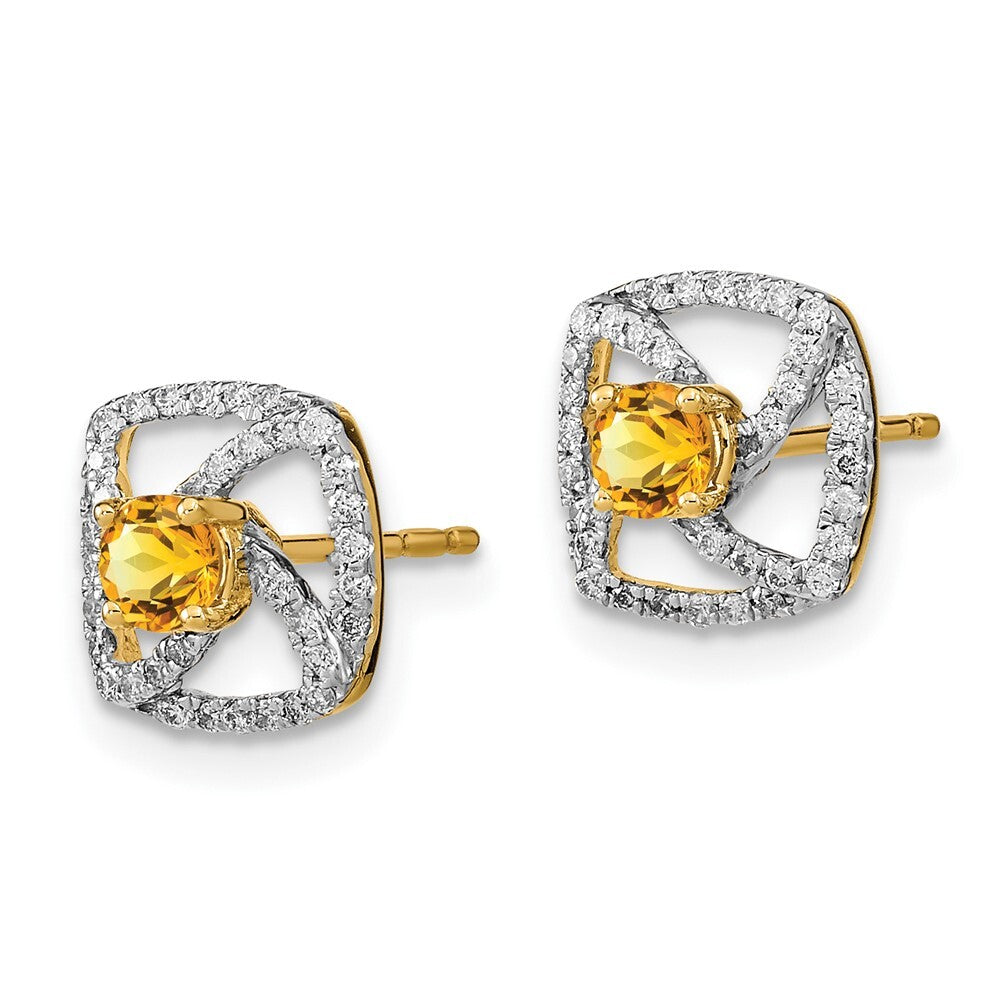 14k Yellow Gold Polished Diamond and Citrine Square Stud Earrings