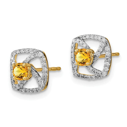 14k Yellow Gold Polished Diamond and Citrine Square Stud Earrings
