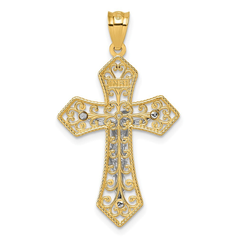 14k Two-tone Gold Polished And Beaded Fancy Crucifix Pendant for Women