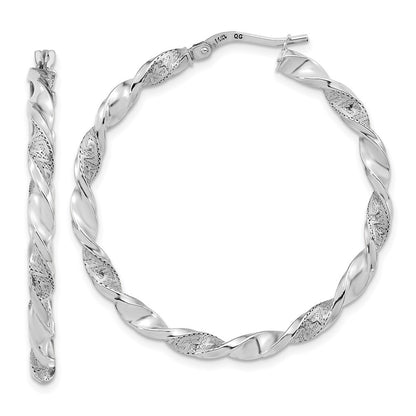 14k White Gold Polished and Textured Twisted Hoop Earrings Gift for Women