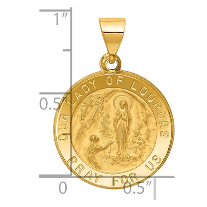 14k Yellow Gold Polished and Satin Our Lady of Lourdes Medal Hollow Pendant
