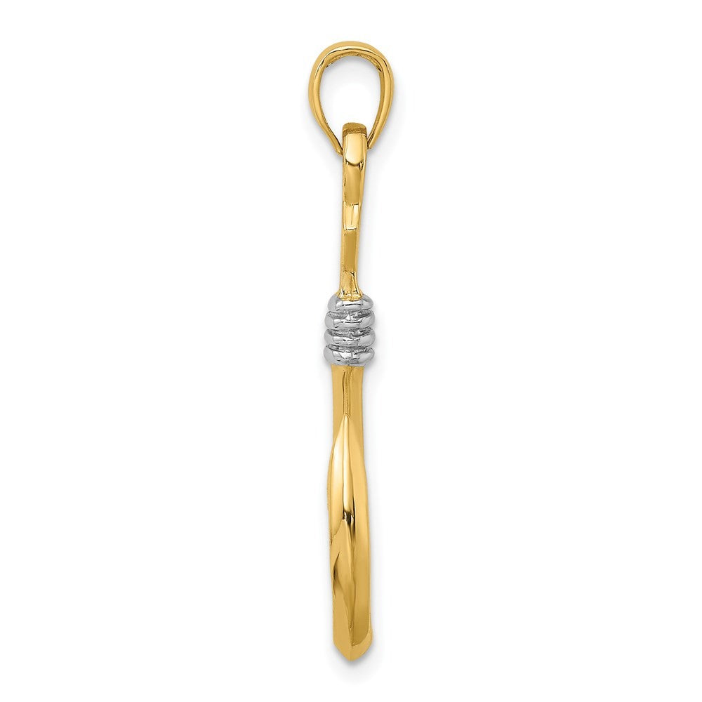 14k Yellow Gold Rhodium 3-D Fish Hook With Rope Charm Pendant