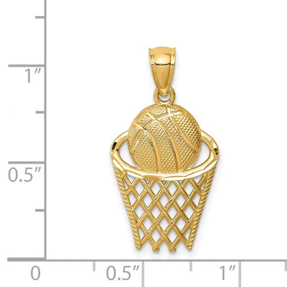 14k Yellow Gold Basketball in Hoop Pendant for Women