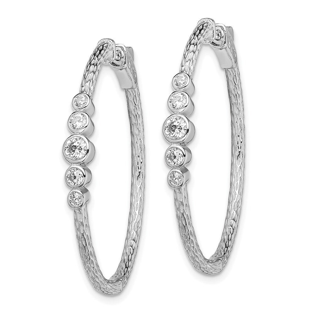 Sterling Silver Rhodium-plated Cubic Zirconia Textured Hoop Earrings