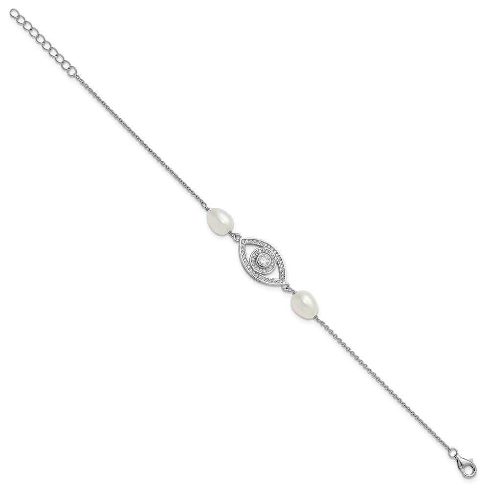 Sterling Silver 6mm Teardrop Cultured Pearl & CZ Evil Eye Bracelet 7" w/ 1" Ext