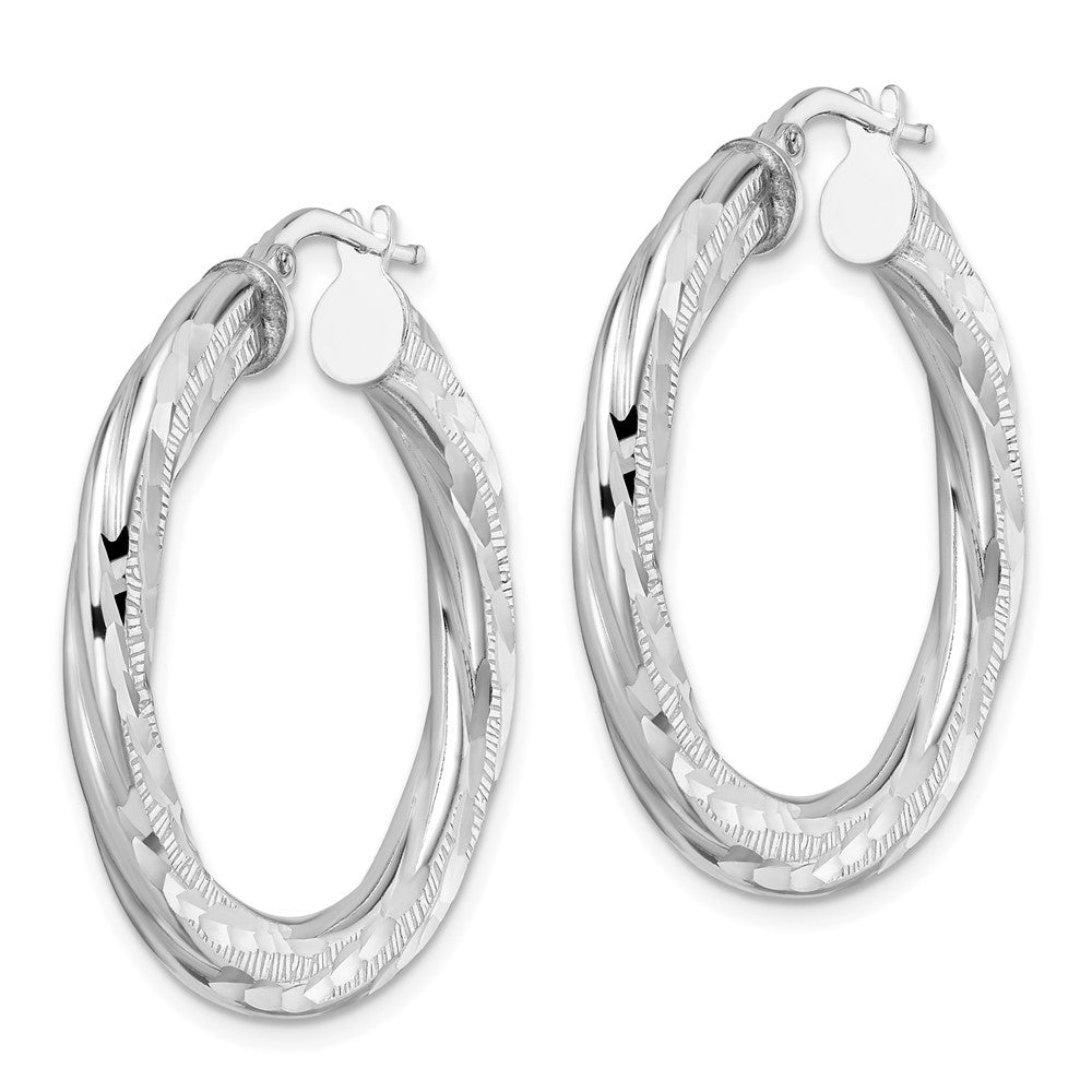 Sterling Silver Rhodium-plated 3x33mm Diamond-Cut Twisted Tube Hoop Earrings