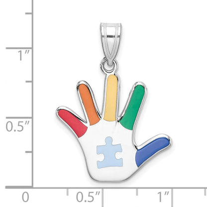Sterling Silver Rhod-plate Enamel Autism Puzzle Piece Handprint Pendant