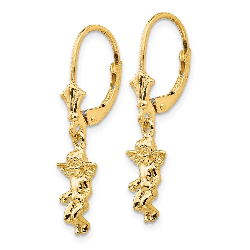 14k Yellow Gold Angel Dangle Earrings Leverback Gift for Women
