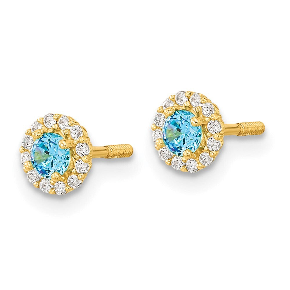 14k Yellow Gold Polished Blue and Clear Cubic Zirconia Stud Earrings