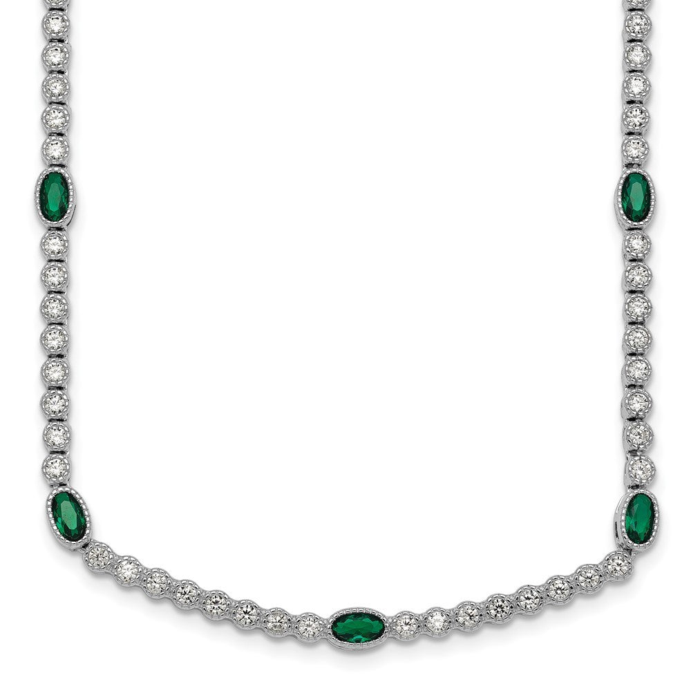 Sterling Silver and Beaded Fancy Oval Green and Round White CZ 17" Necklace